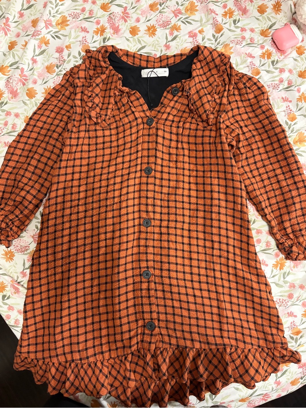 Zara Orange and Black Plaid Ruffle-Trim Button-Up Top